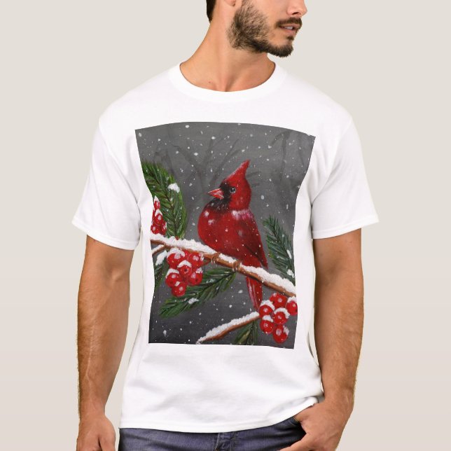Vibrant Red cardinal hand-painted Tee (Front)