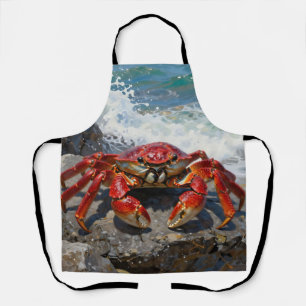 Vibrant Red Crab Ocean Waves Apron
