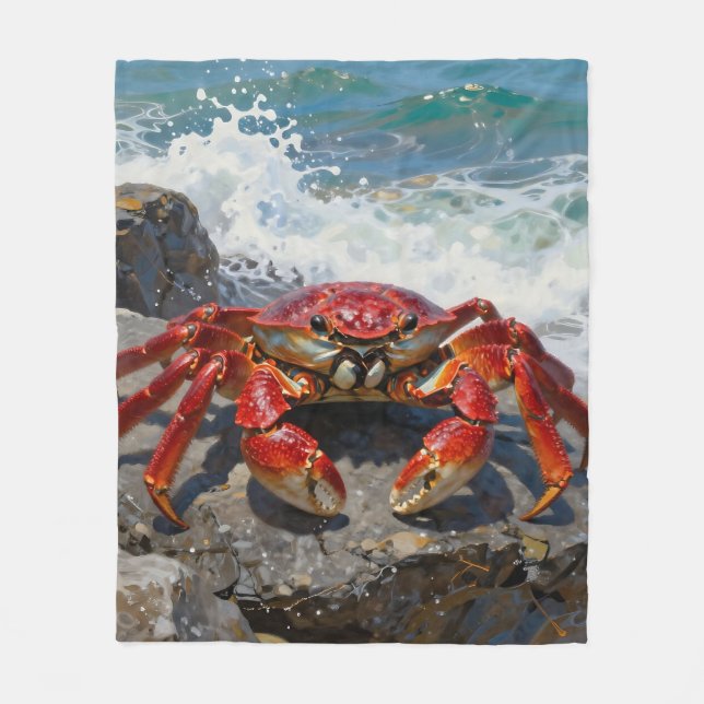 Vibrant Red Crab Ocean Waves Fleece Blanket (Front)