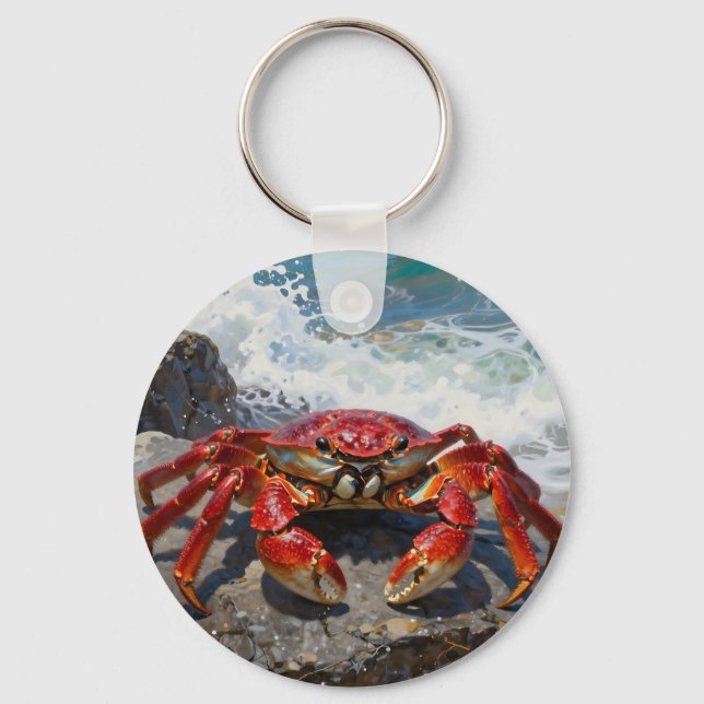Vibrant Red Crab Ocean Waves Key Ring (Front)