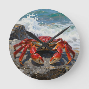 Vibrant Red Crab Ocean Waves Round Clock
