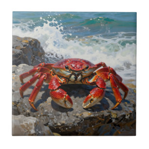 Vibrant Red Crab Ocean Waves Tile
