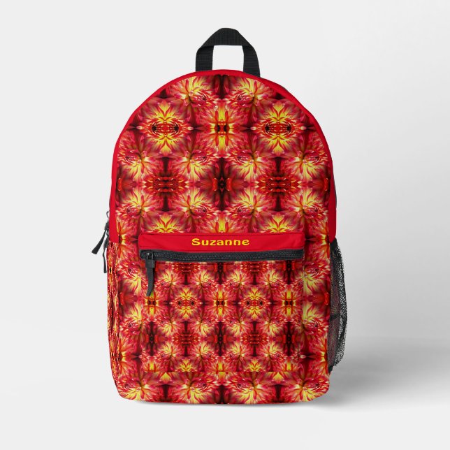 Vibrant Red Dahlia Flower Abstract Personalised Printed Backpack (Front)