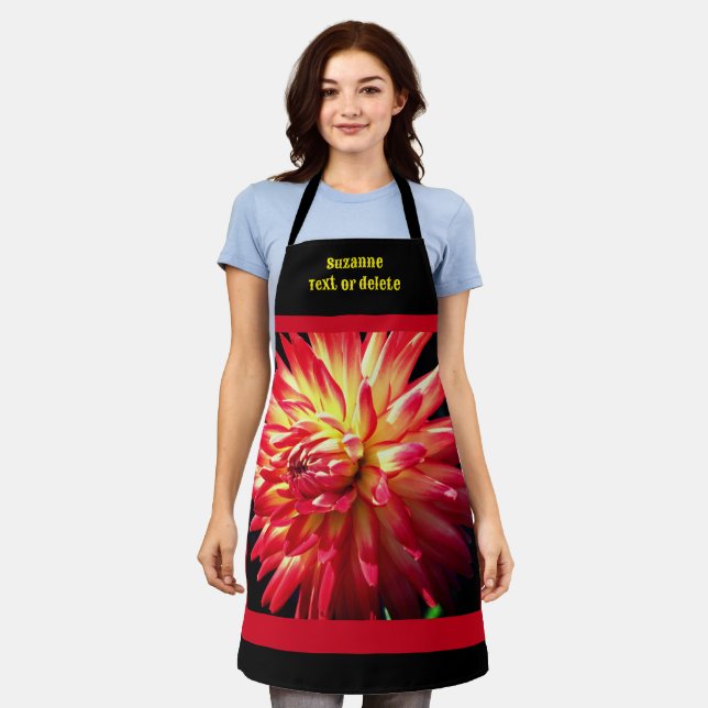 Vibrant Red Dahlia Flower Personalised  Apron (Worn)