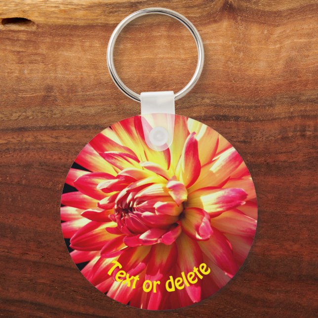 Vibrant Red Dahlia Flower Personalised Key Ring (Front)