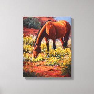 Vibrant Red Desert Grazing Horse Painting Canvas Print