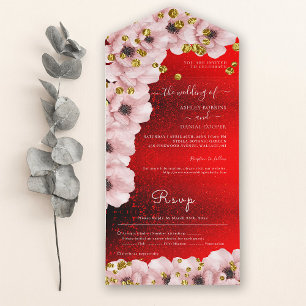 Vibrant Red Elegant Pink Roses Wedding All In One Invitation