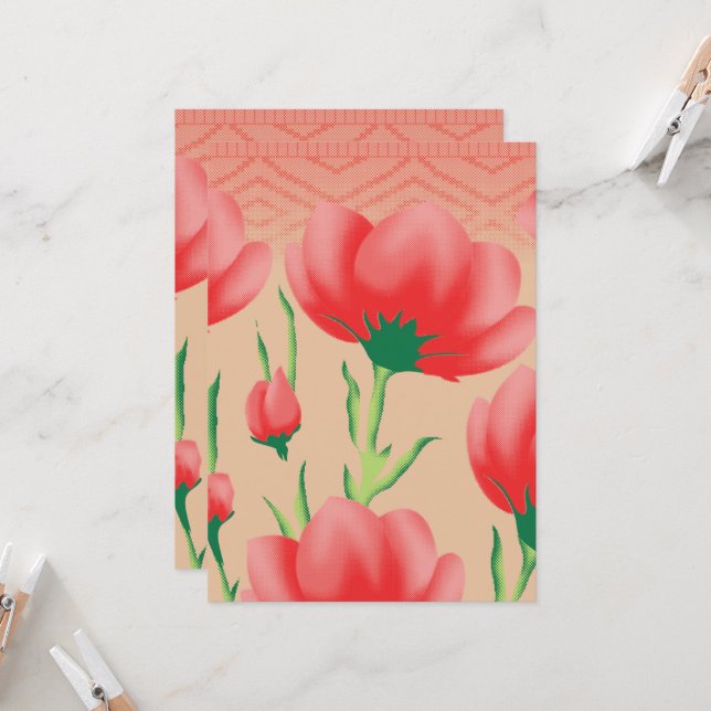 Vibrant red fabric design featuring floral pattern invitation (Front/Back In Situ)