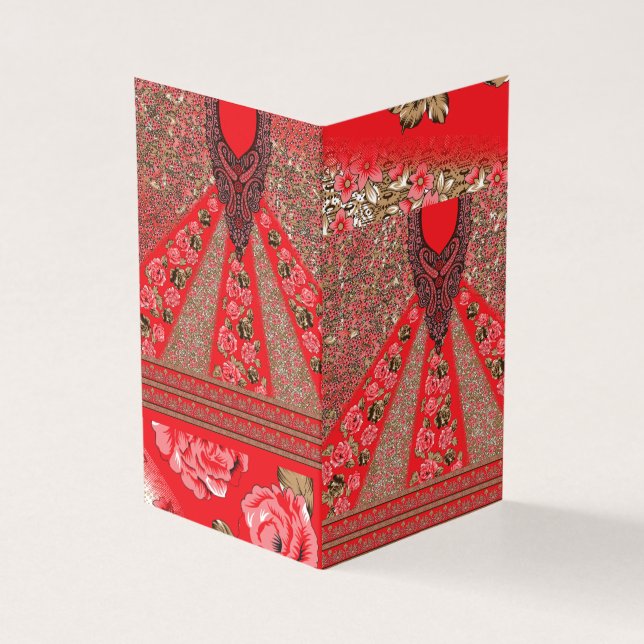 Vibrant red fabric featuring intricate floral and  (Outside)