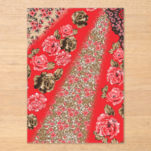 Vibrant red fabric featuring intricate floral and  acrylic invitations
