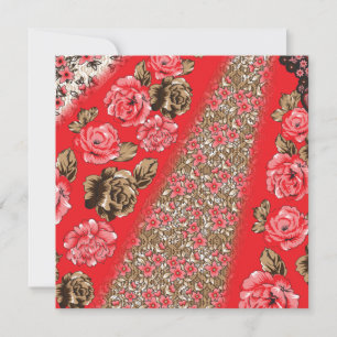 Vibrant red fabric featuring intricate floral and announcement
