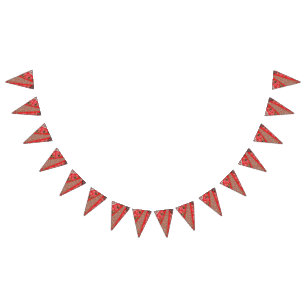 Vibrant red fabric featuring intricate floral and  bunting 
