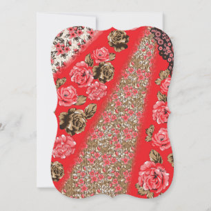 Vibrant red fabric featuring intricate floral and card