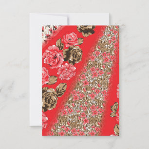 Vibrant red fabric featuring intricate floral and card