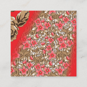 Vibrant red fabric featuring intricate floral and enclosure card