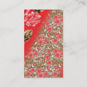 Vibrant red fabric featuring intricate floral and  enclosure card