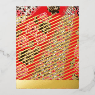 Vibrant red fabric featuring intricate floral and  foil holiday postcard