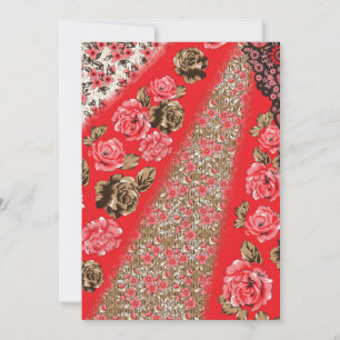 Vibrant red fabric featuring intricate floral and holiday card