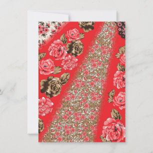 Vibrant red fabric featuring intricate floral and holiday card