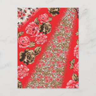 Vibrant red fabric featuring intricate floral and  holiday postcard
