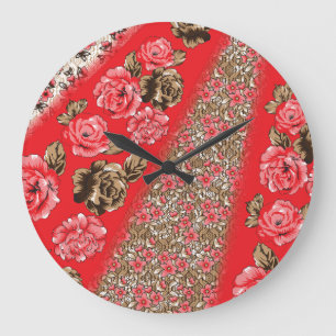 Vibrant red fabric featuring intricate floral and large clock