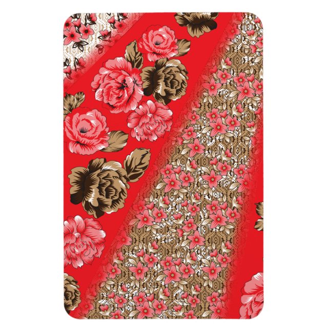 Vibrant red fabric featuring intricate floral and  magnet (Vertical)
