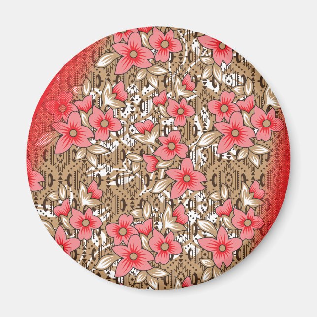 Vibrant red fabric featuring intricate floral and  magnet (Front)