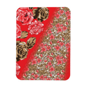 Vibrant red fabric featuring intricate floral and magnet
