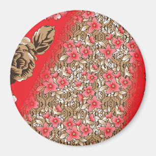 Vibrant red fabric featuring intricate floral and magnet