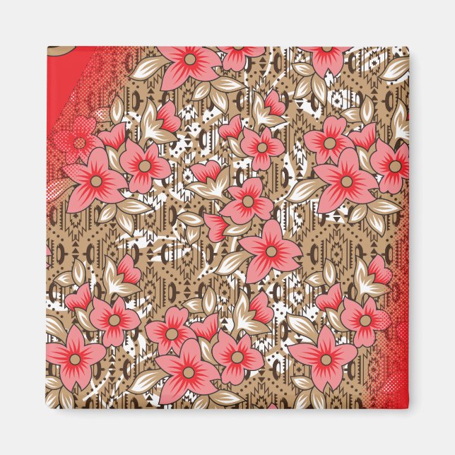 Vibrant red fabric featuring intricate floral and  magnet (Front)