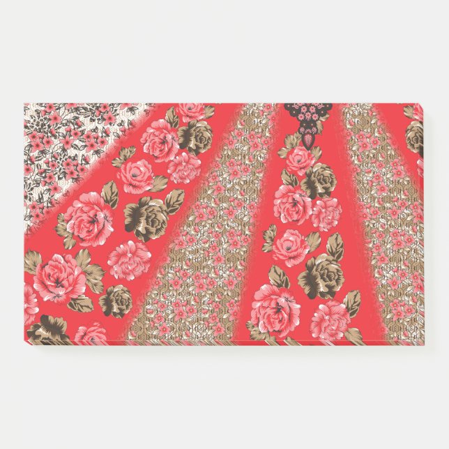 Vibrant red fabric featuring intricate floral and  post-it notes (Front)