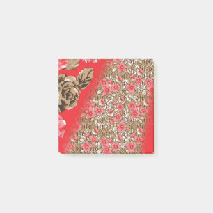 Vibrant red fabric featuring intricate floral and post-it notes
