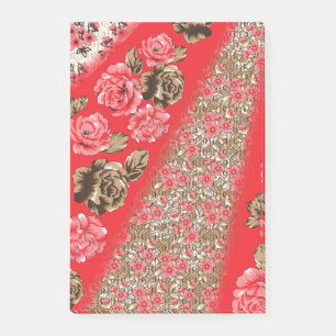 Vibrant red fabric featuring intricate floral and  post-it notes