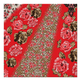 Vibrant red fabric featuring intricate floral and poster