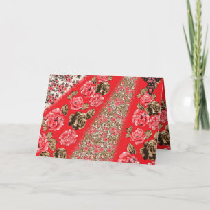 Vibrant red fabric featuring intricate floral and thank you card