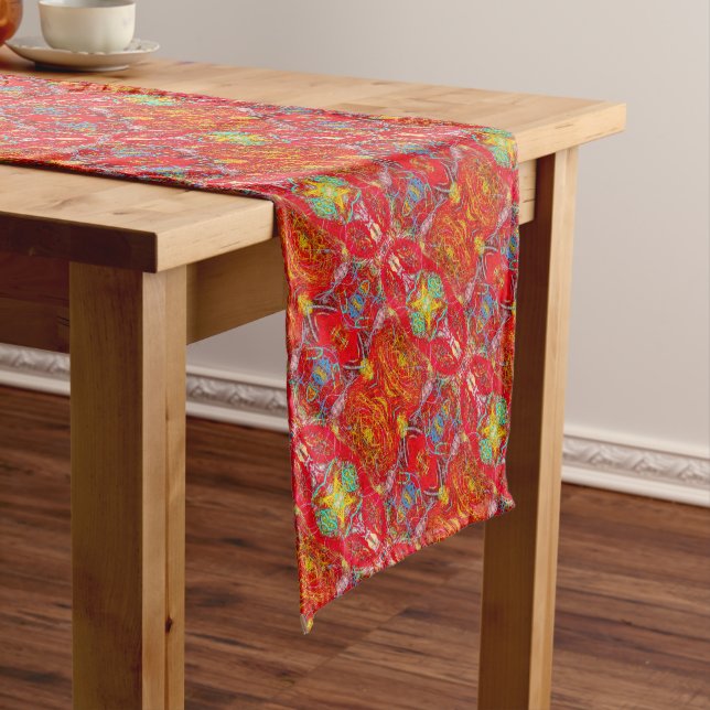 Vibrant red fishing nets diagonal pattern short table runner (In Situ)