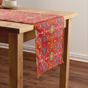 Vibrant red fishing nets pattern short table runner