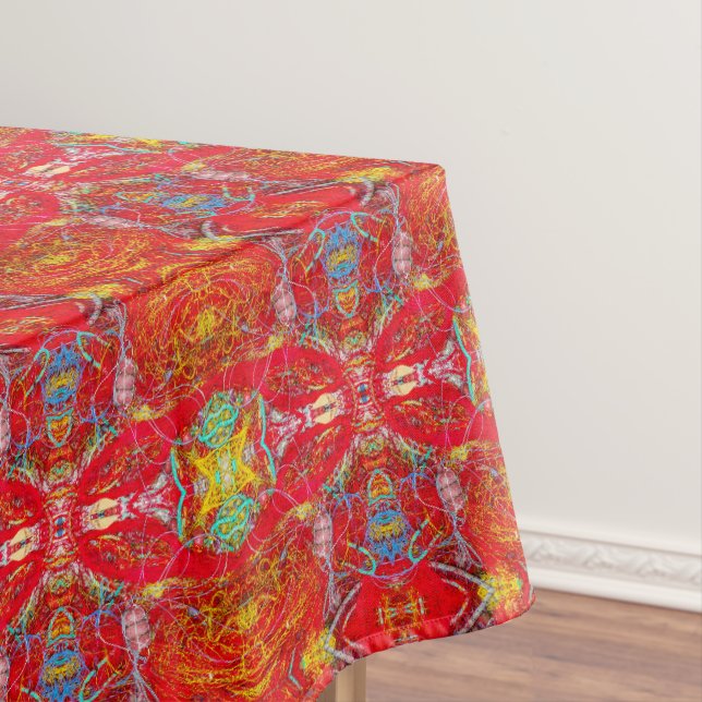 Vibrant red fishing nets pattern tablecloth (In Situ)