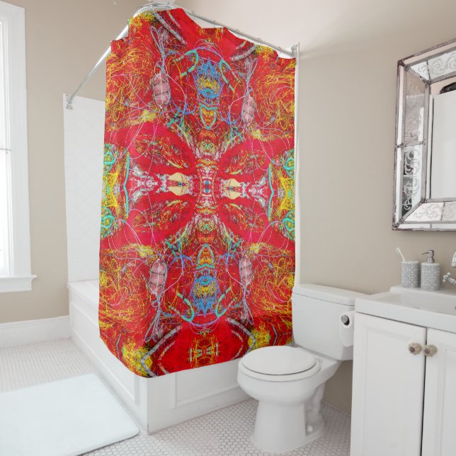 Vibrant red fishing nets XL-size pattern Shower Curtain (In Situ)