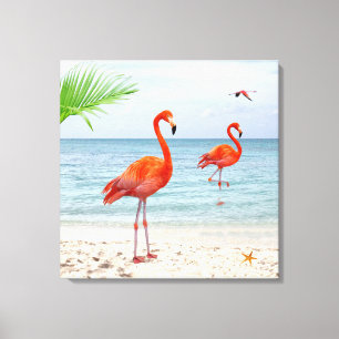Vibrant Red Flamingos & Palm on the Beach Canvas Print