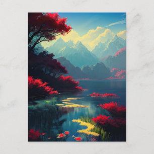 Vibrant Red Flora and Majestic Mountains Postcard