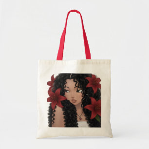 Vibrant Red Floral & Curly Hair Girl Tote Bag