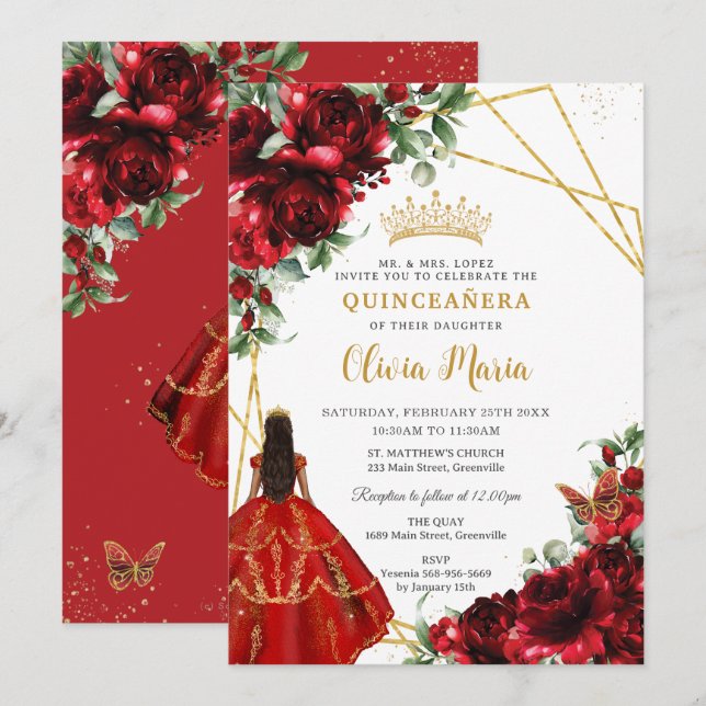 Vibrant Red Floral Flowers Princess Quinceañera Invitation (Front/Back)