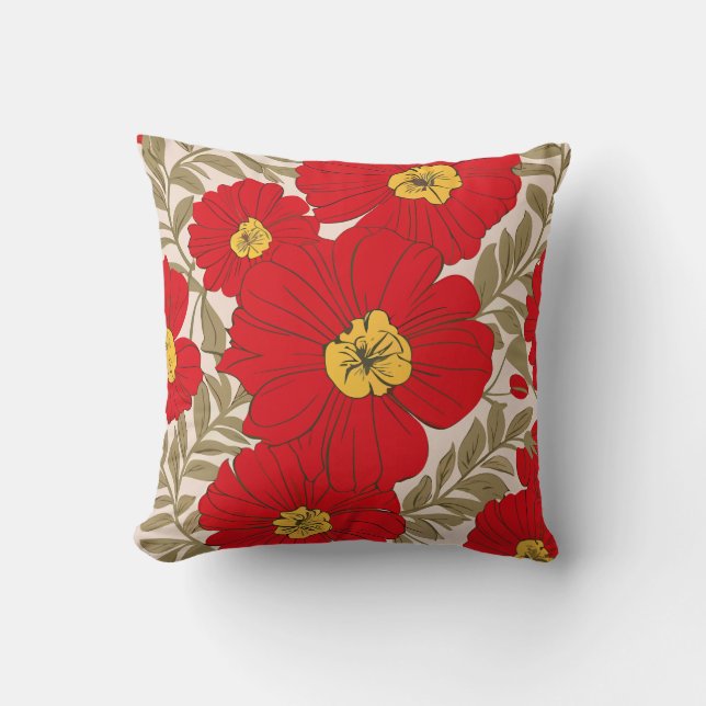 Vibrant Red Floral Pattern with Olive Green Leaves Cushion (Front)