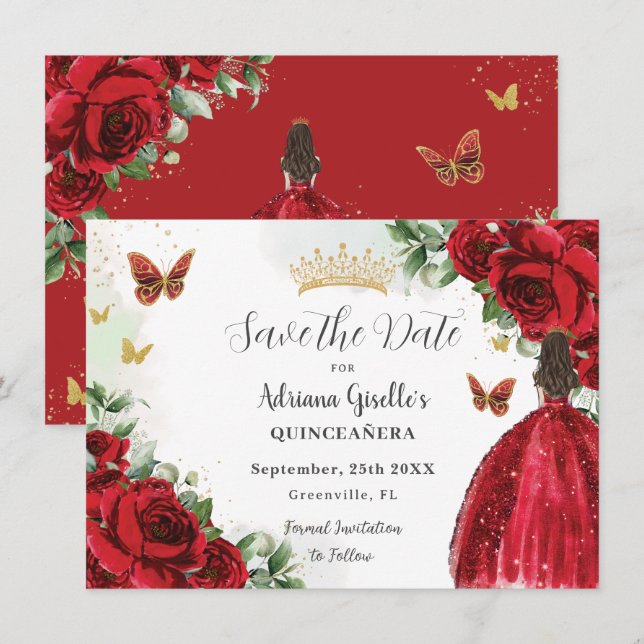Vibrant Red Floral Princess Dress Gold Quinceañera Save The Date (Front/Back)