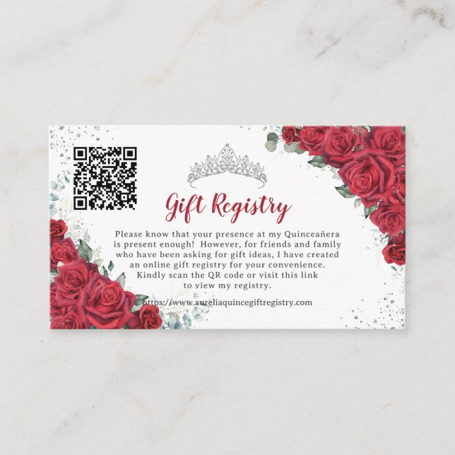 Vibrant Red Floral Quinceañera QR Gift Registry Enclosure Card (Front)