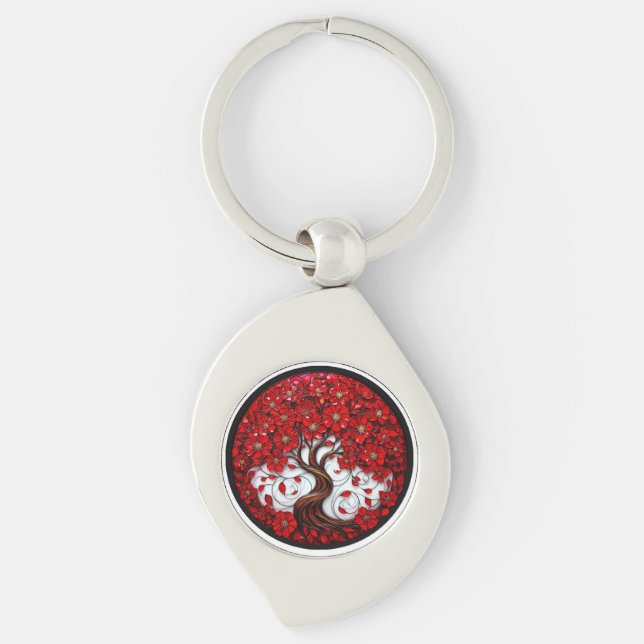 Vibrant Red Flower Tree with Stylish Details Key Ring (Front)