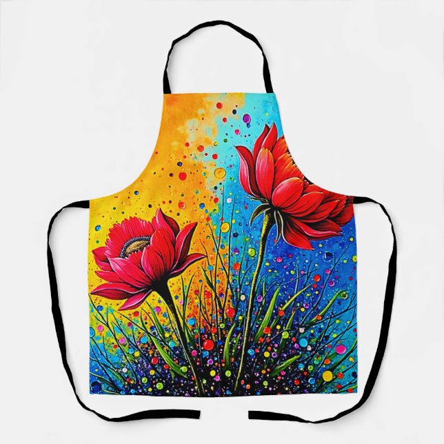 Vibrant Red Flowers Pop Art Print Apron (Front)