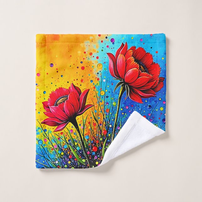 Vibrant Red Flowers Pop Art Print Bath Towel Set (Wash Cloth)