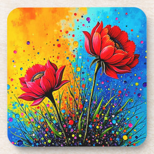 Vibrant Red Flowers Pop Art Print Coaster